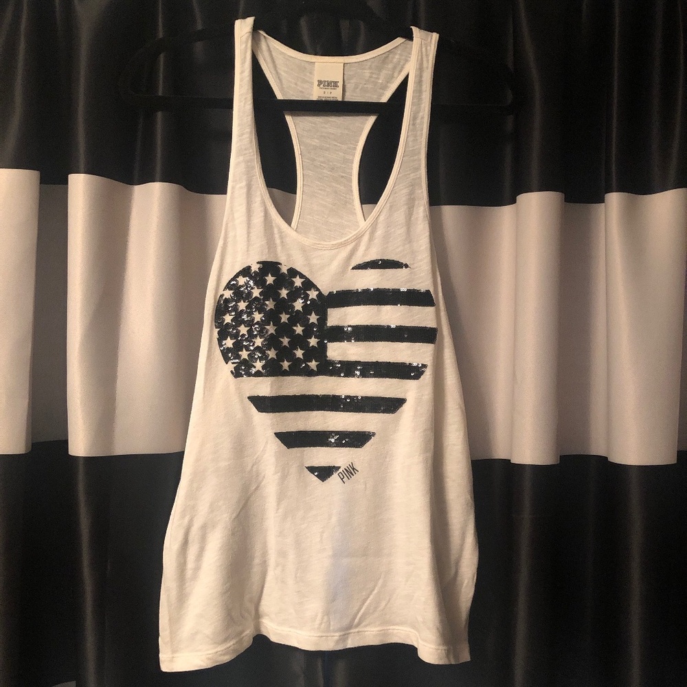 PINK Victoria’s Secret Black Sequin Heart USA Flag Size Small